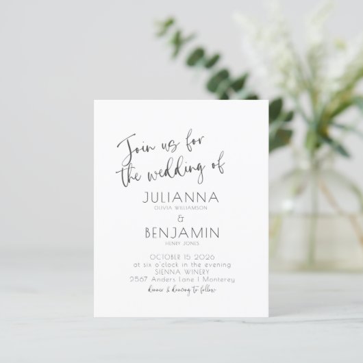 Papier Invitation de mariage blanc noir à script minimal  (Debout devant)