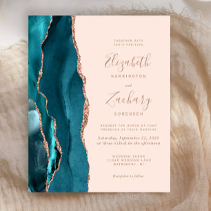 Papier Invitation de mariage Blush Rose Gold Teal Agate à