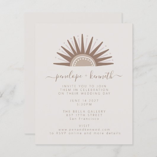 Papier Invitation de mariage Boho Sun Taupe simple budget (Devant / Derrière)