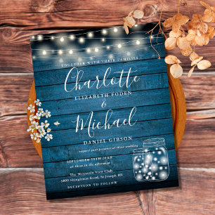 Papier Invitation de mariage Budget Blue Wood Mason Jars