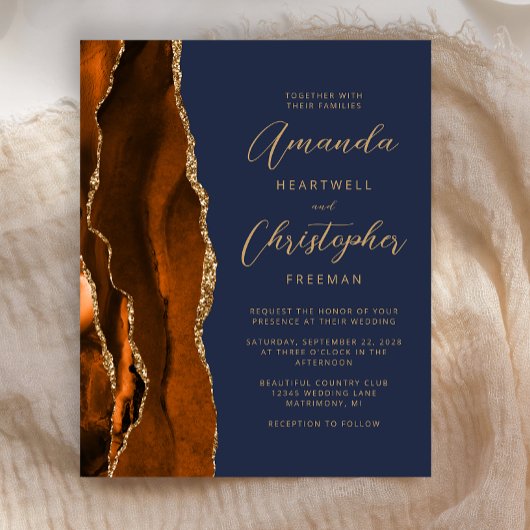 Papier Invitation de mariage Budget Orange Brûlé Agate Bl