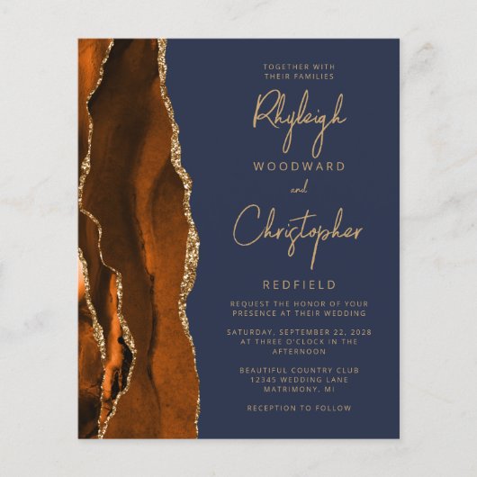 Papier Invitation de mariage Budget Orange Brûlé Agate Bl (Devant)