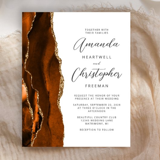 Papier Invitation de mariage Budget Orange Brûlé Agate Or