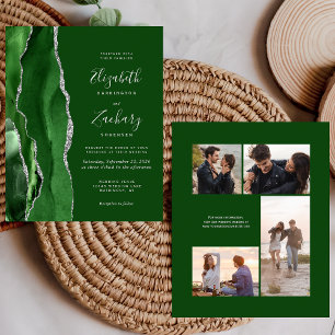 Papier Invitation de mariage Budget Vert Argent 4-Photos