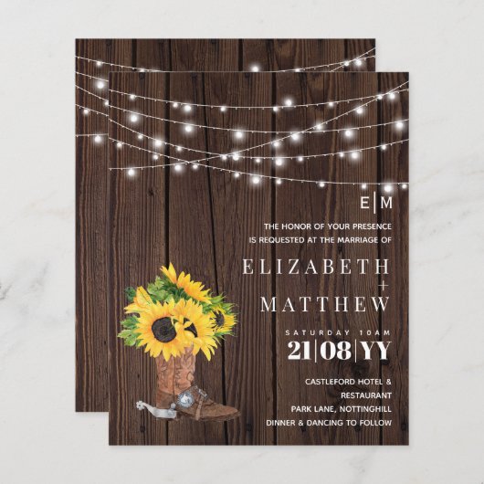 Papier Invitation de mariage champêtre avec tournesols po (Devant / Derrière)