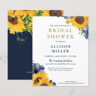 Papier Invitation de mariage champêtre tournesol bleu mar