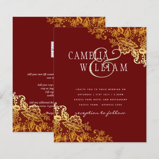 Papier Invitation de mariage classique de dentelle d'or B (Devant / Derrière)