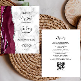 Papier Invitation de mariage Code QR Marbre Agate Bourgog