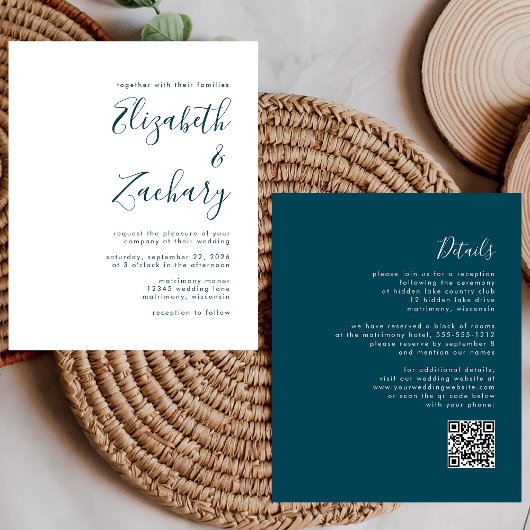 Papier Invitation de mariage de code QR Script bleu Turqu