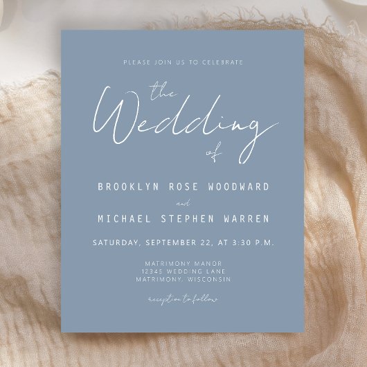 Papier Invitation de mariage de script bleu Dusty à budge