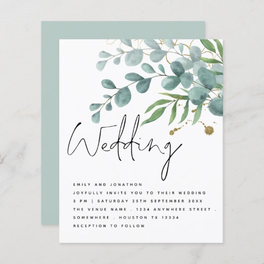 Papier Invitation de mariage de script Eucalyptus or Turq (Devant / Derrière)