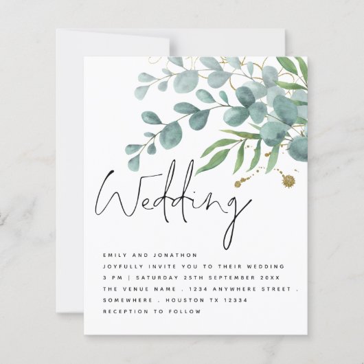 Papier Invitation de mariage de script Eucalyptus or Turq (Devant)