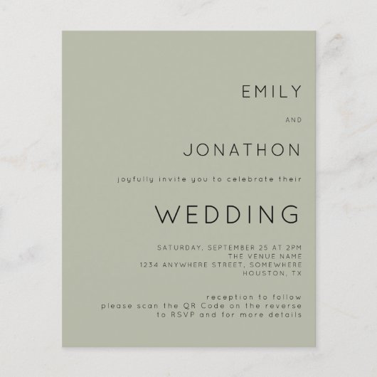 Papier Invitation de mariage du code QR de la Sage simple (Devant)