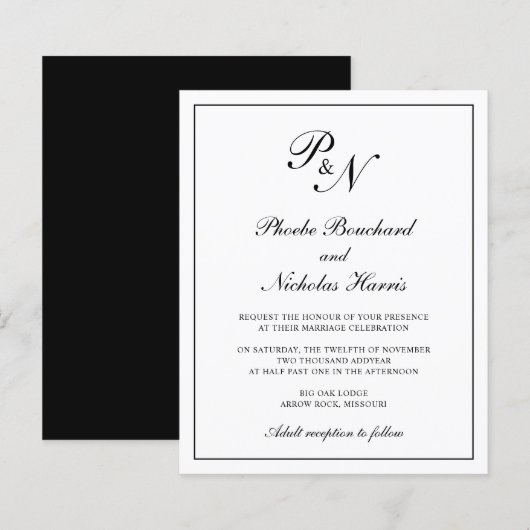 Papier Invitation de mariage élégante noir et blanc à bud (Devant / Derrière)