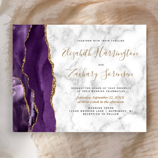 Papier Invitation de mariage en marbre d'agate or violet