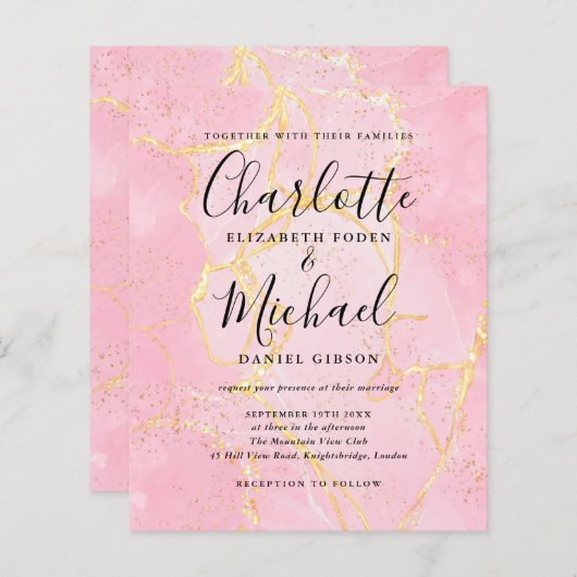 Papier Invitation de mariage en marbre rose du script de  (Devant / Derrière)