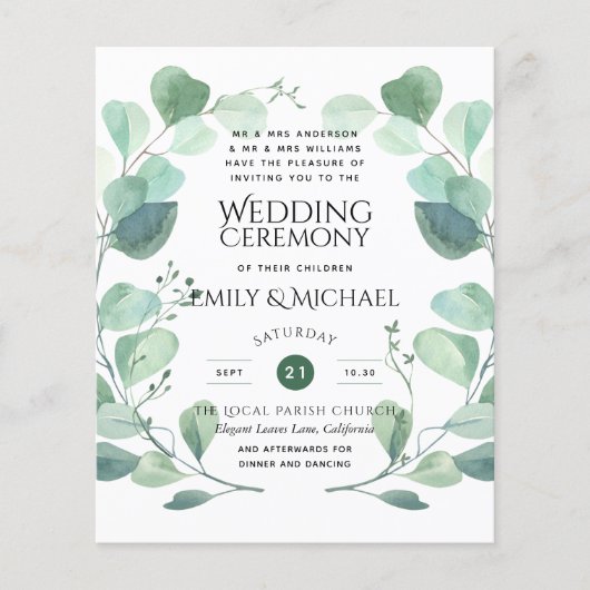 Papier Invitation de mariage Eucalyptus Budget Vert (Devant)