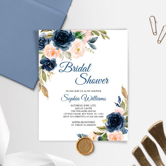 Papier Invitation de mariage floral rose et Navy Budget