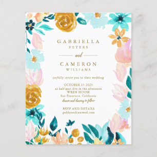Papier Invitation de mariage florale aquarelle sarcelle B