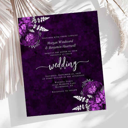 Papier Invitation de mariage florale argent violet prune 