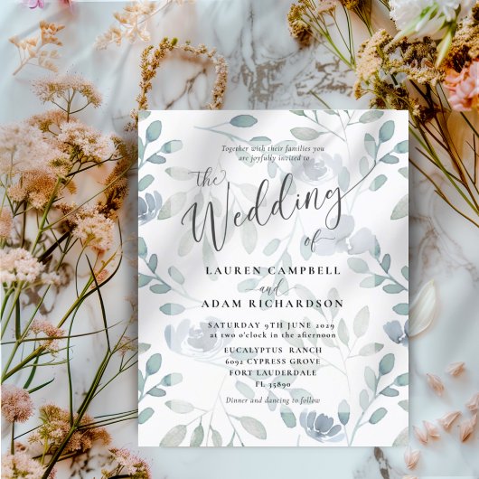 Papier Invitation de mariage florale bleue à l'eucalyptus