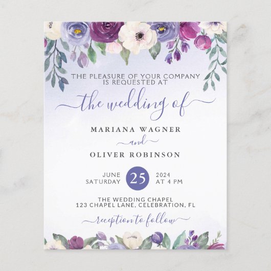 Papier Invitation de mariage florale fuchsia périwinkle à (Devant)