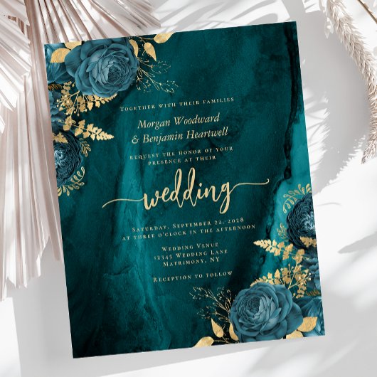 Papier Invitation de mariage florale sarcelle bleue et or