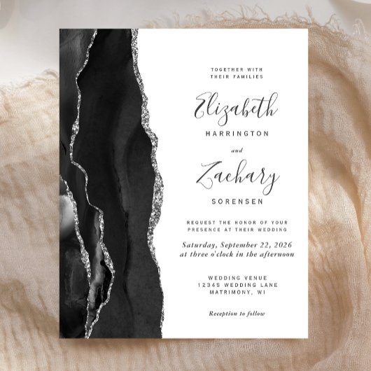 Papier Invitation de mariage géode d'agate argent noir bu