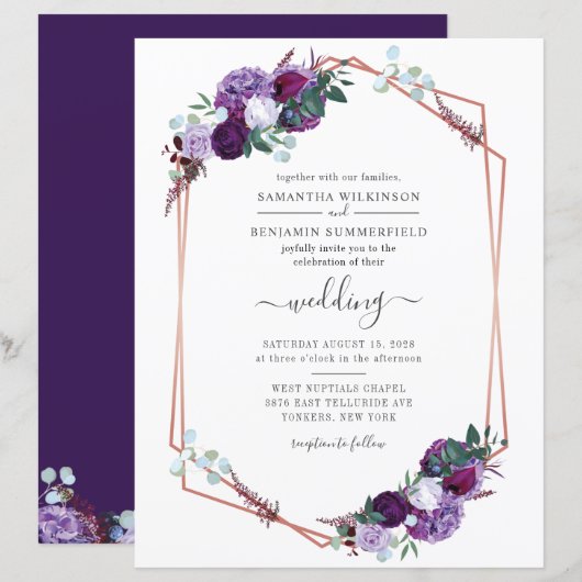 Papier Invitation de mariage géométrique à fleurs violett (Devant / Derrière)