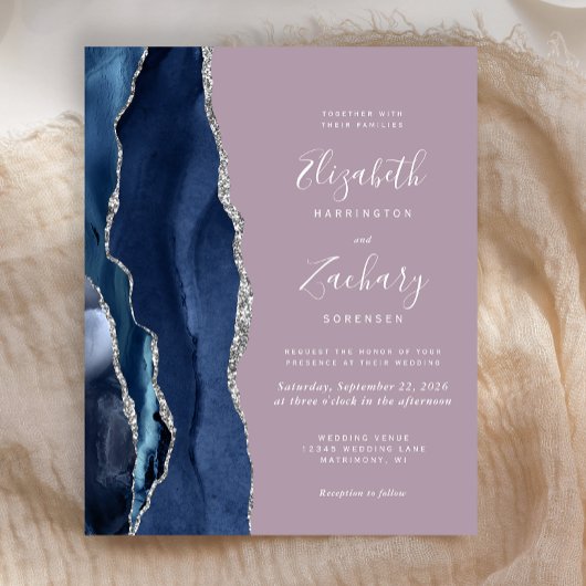 Papier Invitation de mariage Mauve Agate Bleu Marine Arge