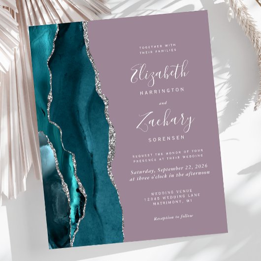 Papier Invitation de mariage Mauve Argent Bleu sarcelle B