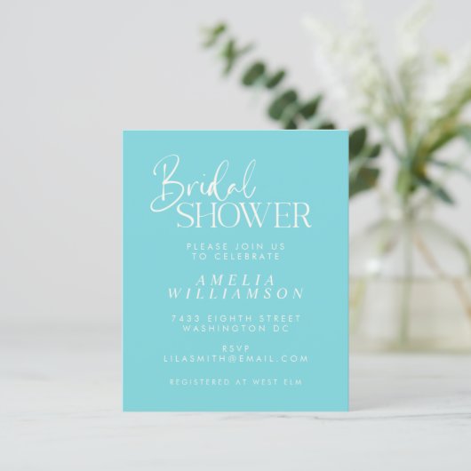 Papier Invitation de mariage minimal Aqua Script Budget (Debout devant)