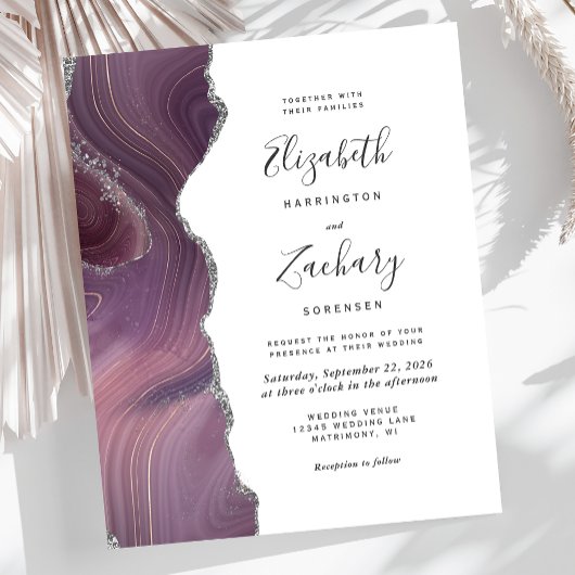 Papier Invitation de mariage moderne mauve argent agate s