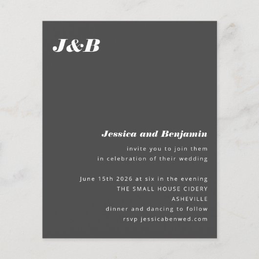 Papier Invitation de mariage moderne noir monogramme budg (Devant)