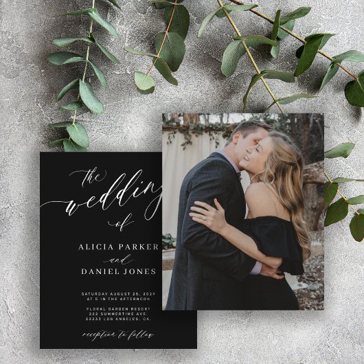 Papier Invitation de mariage noir chic avec script photo 