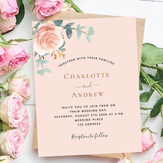 Papier Invitation de mariage pas chère rose or pêche
