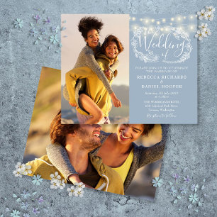 Papier Invitation de mariage photo 2 lumières bleu poussi