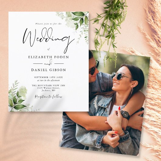 Papier Invitation de mariage photo à feuillage vert écono
