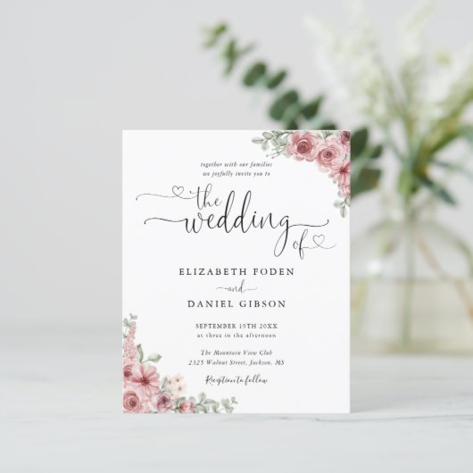 Papier Invitation de mariage photo à motif floral Rose bu (Debout devant)