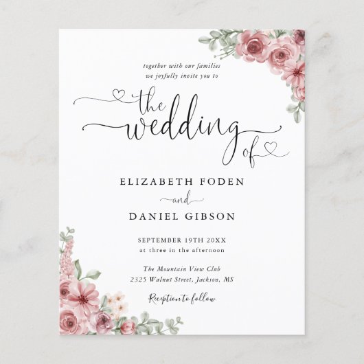 Papier Invitation de mariage photo à motif floral Rose bu (Devant)