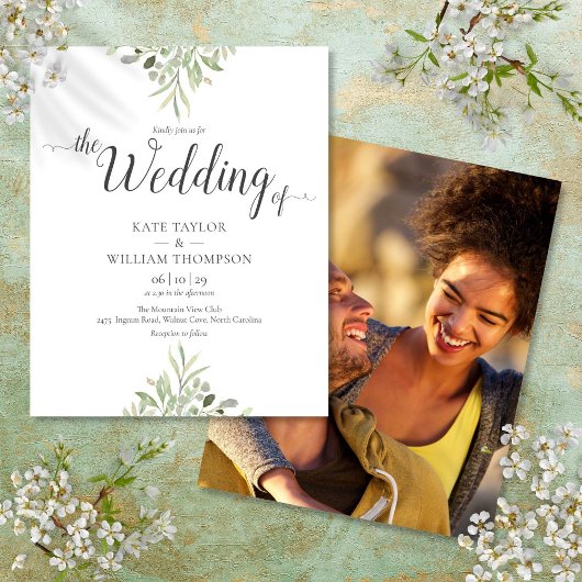 Papier Invitation de mariage photo avec script de verdure