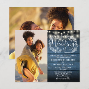 Papier Invitation de mariage photo en bois rustique bleu