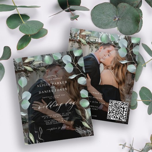 Papier Invitation de mariage photo eucalyptus code QR bud
