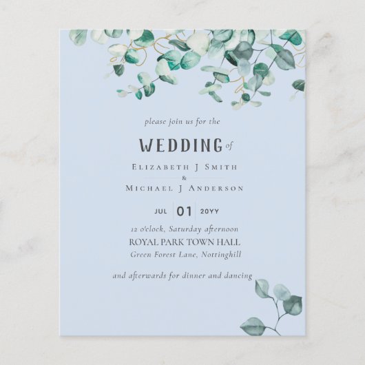 Papier Invitation de mariage pour le budget de l'Eucalypt (Devant)