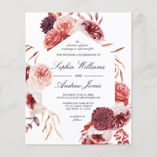 Papier Invitation de mariage Rose Marsala Bohème de luxe (Devant)