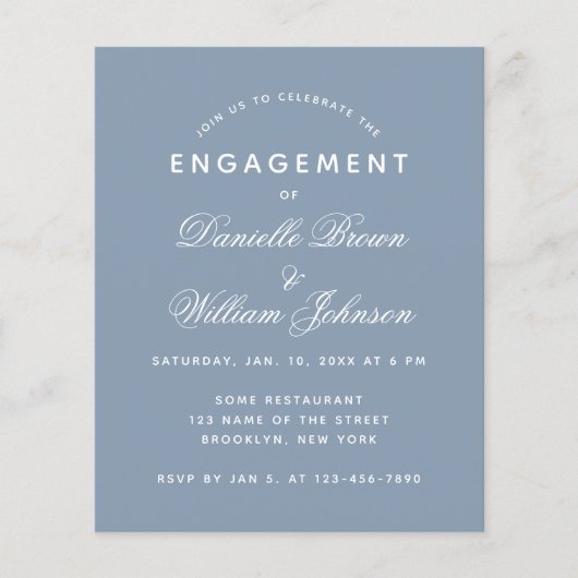Papier Invitation de mariage simple bleu poussiéreux Budg (Devant)