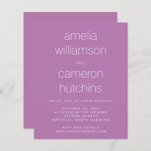 Papier Invitation de mariage simple chic violet (Devant / Derrière)
