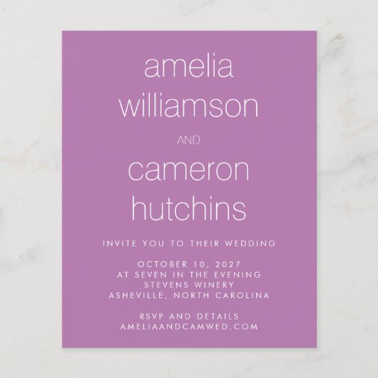 Papier Invitation de mariage simple chic violet pas cher (Devant)