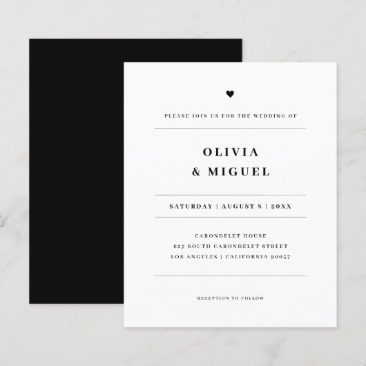 Papier Invitation de mariage simple moderne noir et blanc (Devant / Derrière)