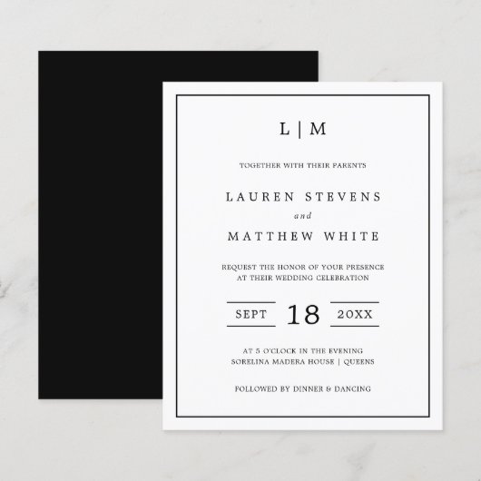 Papier Invitation de mariage simple noir et blanc à petit (Devant / Derrière)